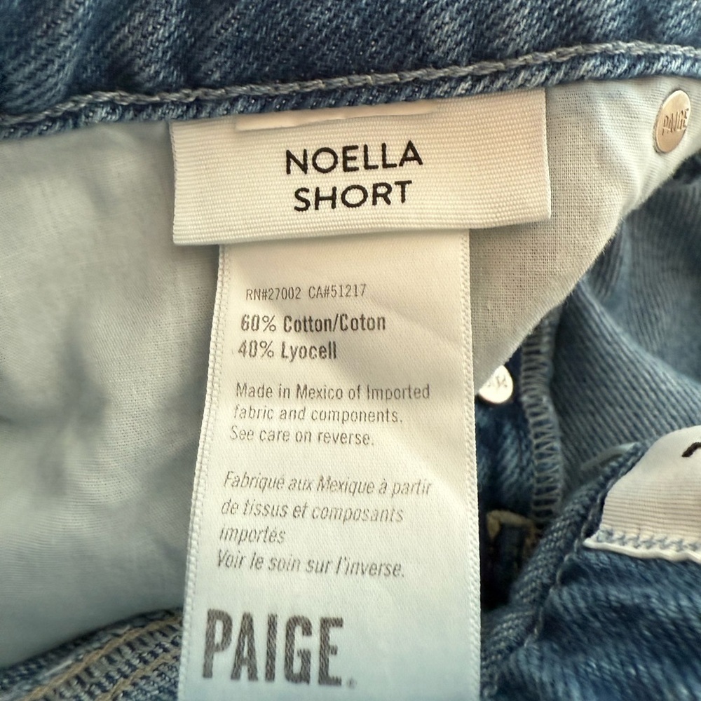PAIGE Noella High Rise Denim Shorts 27 Petite Raw Hem Button Fly Serine - Picture 8 of 10